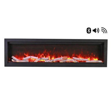 Amantii Symmetry Bespoke Electric Fireplace - A fireplace on a white background with a bluetooth and wifi icon