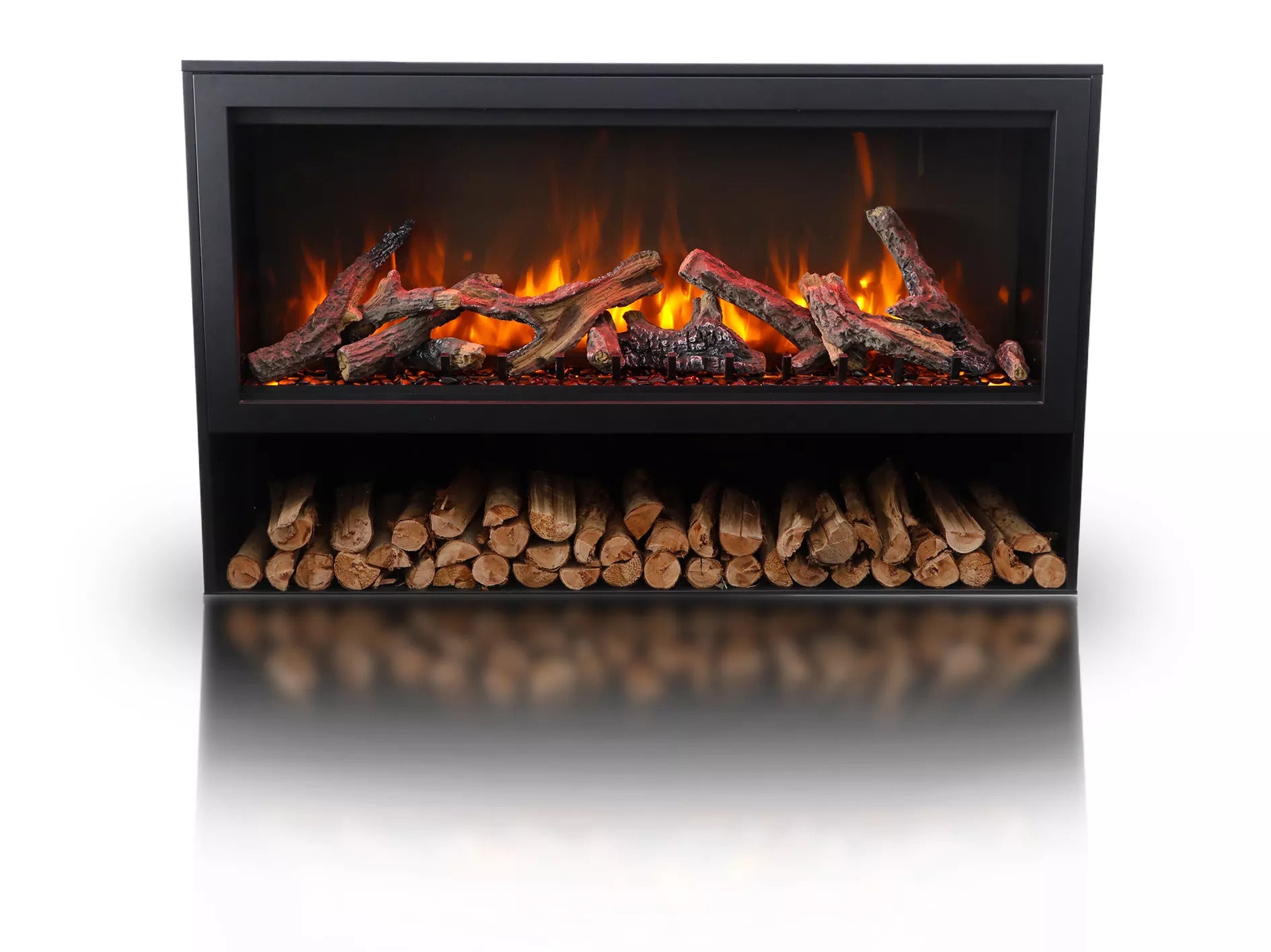 Amantii Pedestal Display for Electric Fireplaces TRD-BLK-PDS - Modern electric fireplace with glowing logs and firewood on a white background