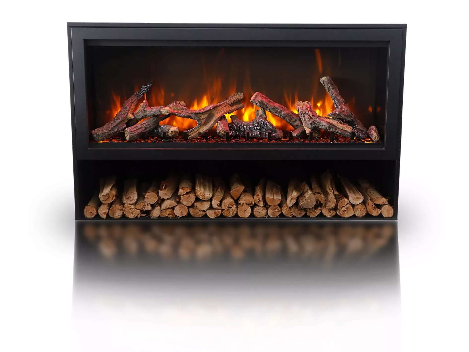 Amantii Pedestal Display for Electric Fireplaces TRD-BLK-PDS - Modern electric fireplace with glowing logs and firewood on a white background