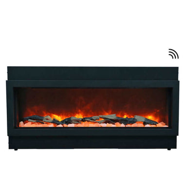 Amantii Panorama XT 72-Inch Indoor/Outdoor Smart Electric Fireplace (BI-72-DEEP-XT) - Modern black electric fireplace in white background.