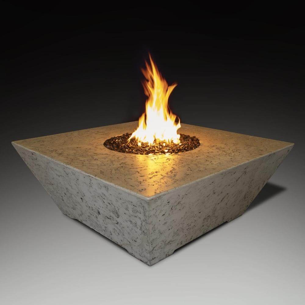 Athena Olympus 48-Inch Square Concrete Gas Fire Pit Table with flame, perfect for outdoor gatherings.