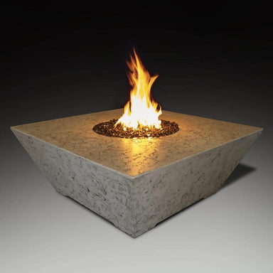 Athena Olympus 48-Inch Square Concrete Gas Fire Pit Table with flame, perfect for outdoor gatherings.