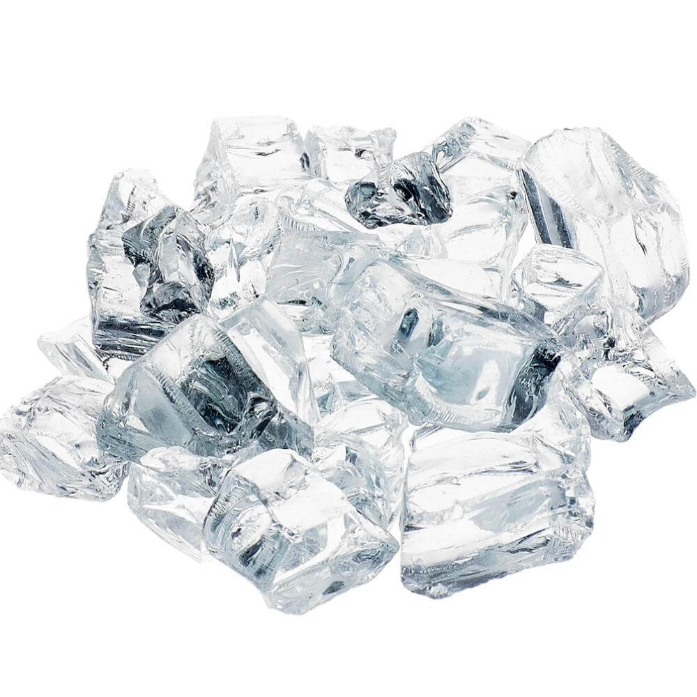 Athena 1/2" reflective fire glass in clear color, ideal for fireplaces and fire pits, enhancing ambiance with mirrored finish.