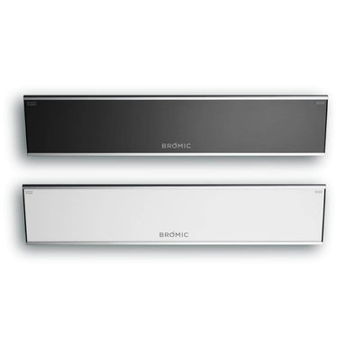 Bromic Platinum Smart-Heat electric patio heaters in black and white, designed for stylish outdoor heating.