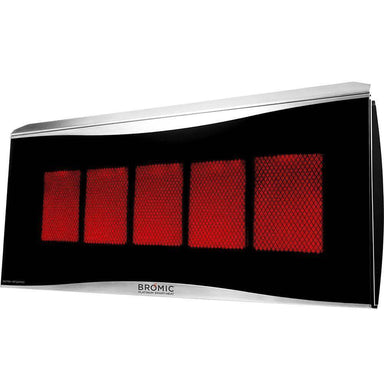 Bromic Platinum Smart-Heat wall-mounted gas heater with a sleek design and red heating elements for outdoor comfort.