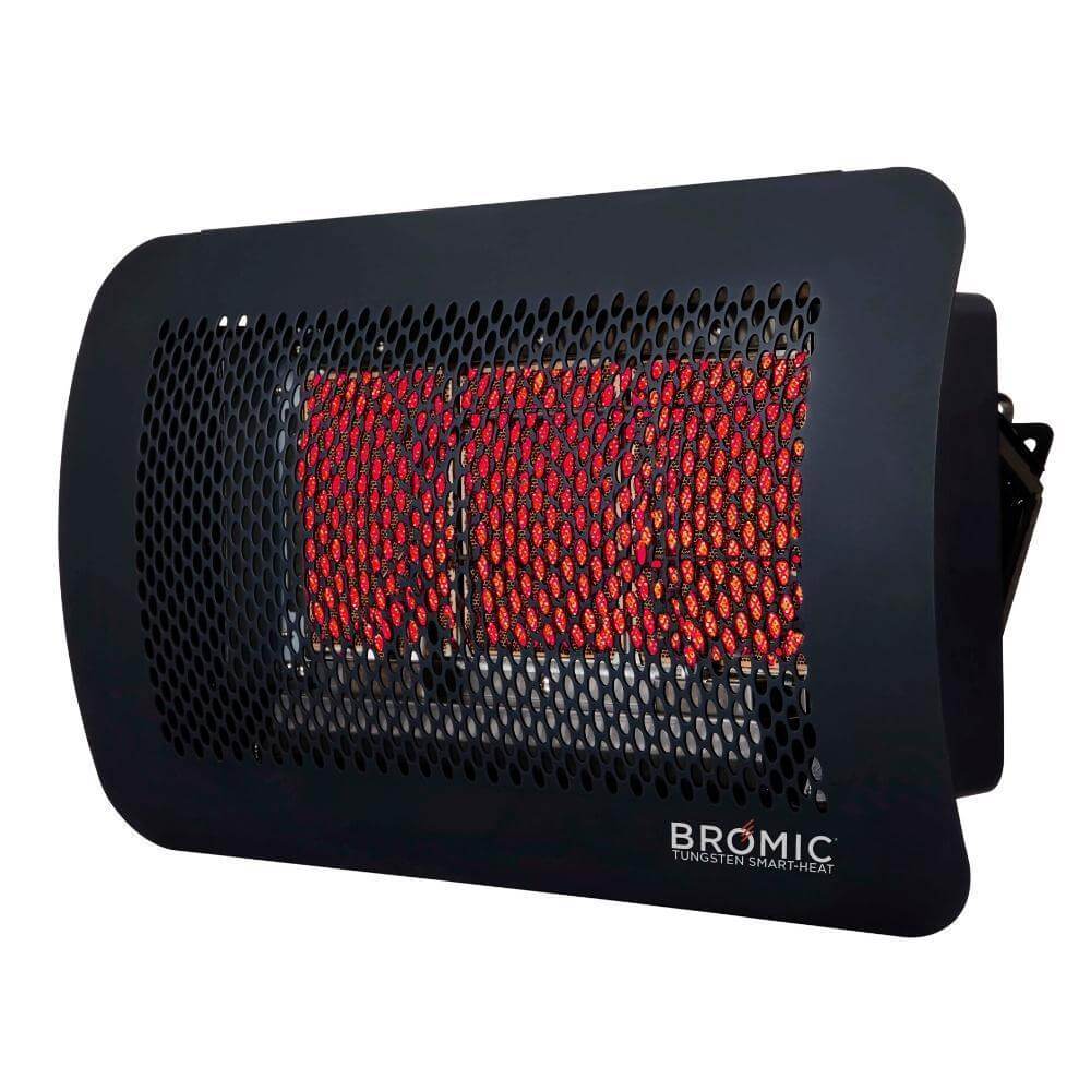 Bromic Tungsten Smart-Heat wall-mounted gas heater with red heating elements for outdoor comfort.