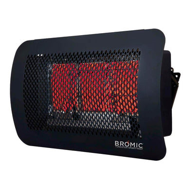 Bromic Tungsten Smart-Heat wall-mounted gas heater with red heating elements for outdoor comfort.