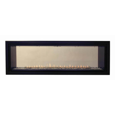 Empire Boulevard 60-Inch Linear Vent-Free See-Through Gas Fireplace - Modern electric fireplace with black frame and visible flames on a white background