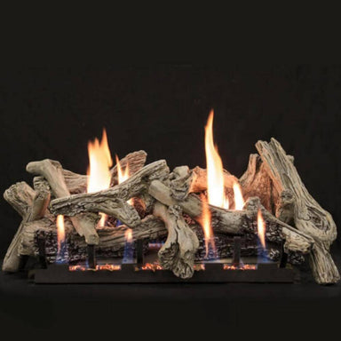 Empire Driftwood Burncrete Slope Glaze Vent-Free Gas Log - Fireplace insert with driftwood logs and flames on a black background