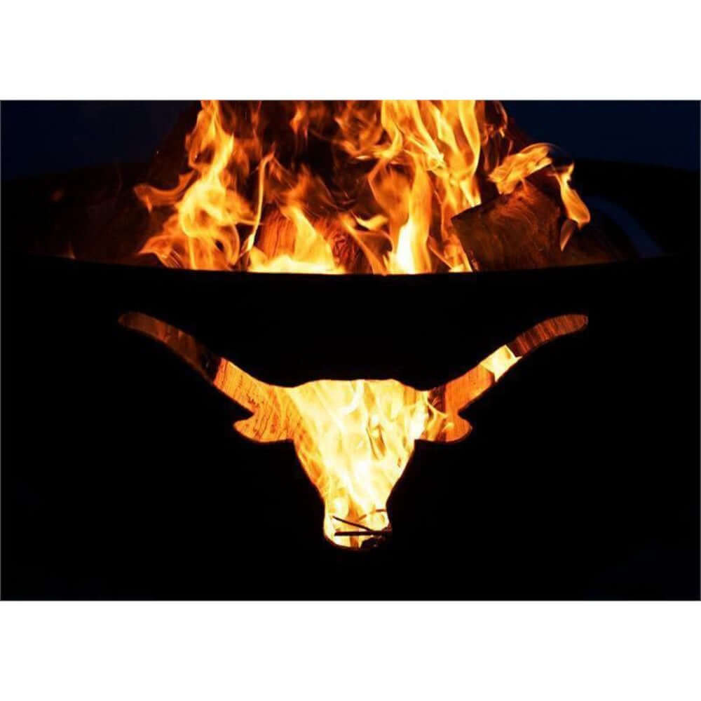 Fire Pit Art Long Horn 36-Inch Handcrafted Carbon Steel Fire Pit (LH) - closed up on the flame and details
