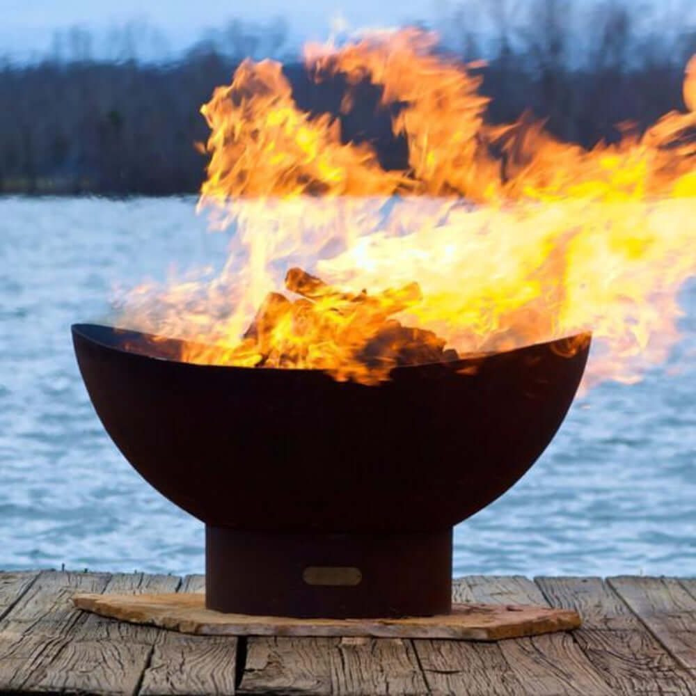 Fire Pit Art Scallop 36-Inch Handcrafted Carbon Steel Fire Pit (SC) - with flames