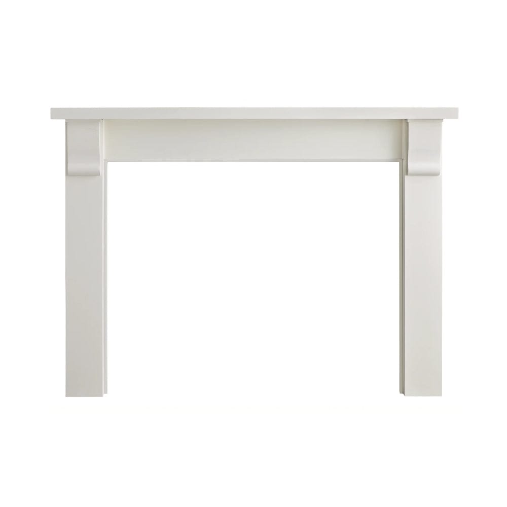 Majestic Merritt Wood Mantel in white, perfect for enhancing modern or traditional decor around a fireplace.