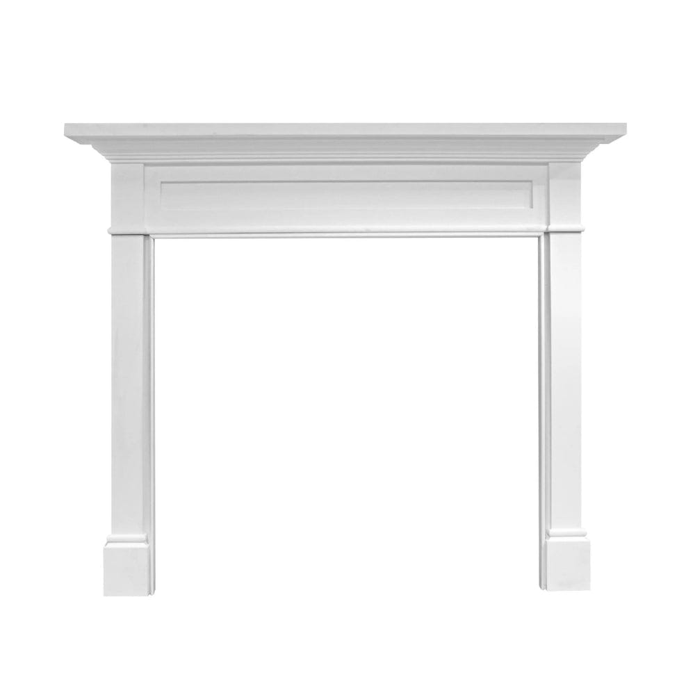 Majestic Roxborough Wood Mantel in white, customizable design for transitional living spaces.