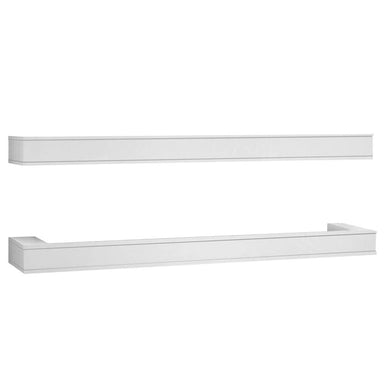 Modern Flames Floating Mantel Set for Orion Multi Fireplace - Two sleek, modern white floating shelves positioned horizontally, designed for wall mounting and storing/displaying items.