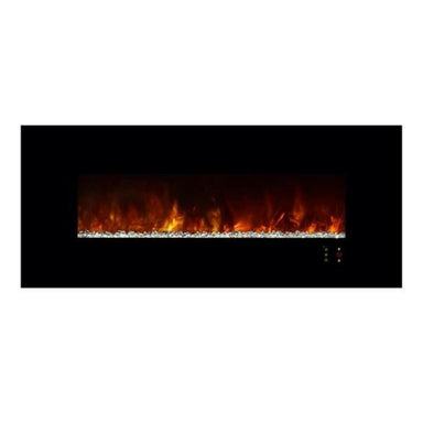 CLX 2 60" Built-in/Wall Mounted Electric Fireplace - Modern electric fireplace with realistic flickering flames and clear decorative crystals, set against a sleek black backdrop.