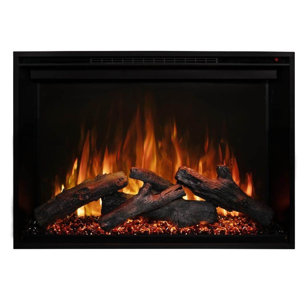 Redstone 42" Built-in Electric Fireplace Insert - An electric fireplace display featuring realistic glowing logs with vibrant flames and glowing embers, set in a sleek black frame.