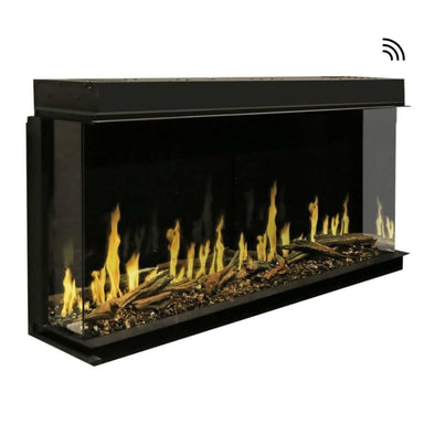 Orion Multi Built-In/Wall Mounted Smart Virtual Electric Fireplace with Real Flame Effect - A modern, black-framed electric fireplace with realistic flames and driftwood accents, providing a cozy atmosphere.