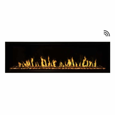 Orion Slim Built-In/Wall Mounted Smart Virtual Electric Fireplace with Real Flame Effect - Sleek black electric fireplace with vibrant yellow and orange flames, creating a warm ambiance against a dark background.