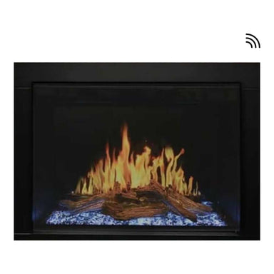 Orion Traditional Built-In Smart Virtual Electric Fireplace with Real Flame Effect - A modern electric fireplace showcasing vibrant flames over realistic logs and blue flames, set within a sleek black frame.