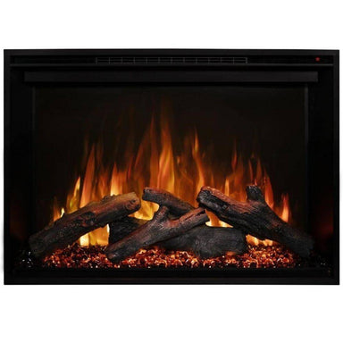 Redstone 54" Built-in Electric Fireplace Insert - Realistic electric fireplace with glowing logs and vibrant flames, set in a sleek black frame, creating a cozy ambiance.