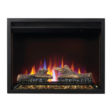 Napoleon Cineview Built-in Electric Firebox with realistic flames and logs, enhancing home aesthetics as a stunning centerpiece.