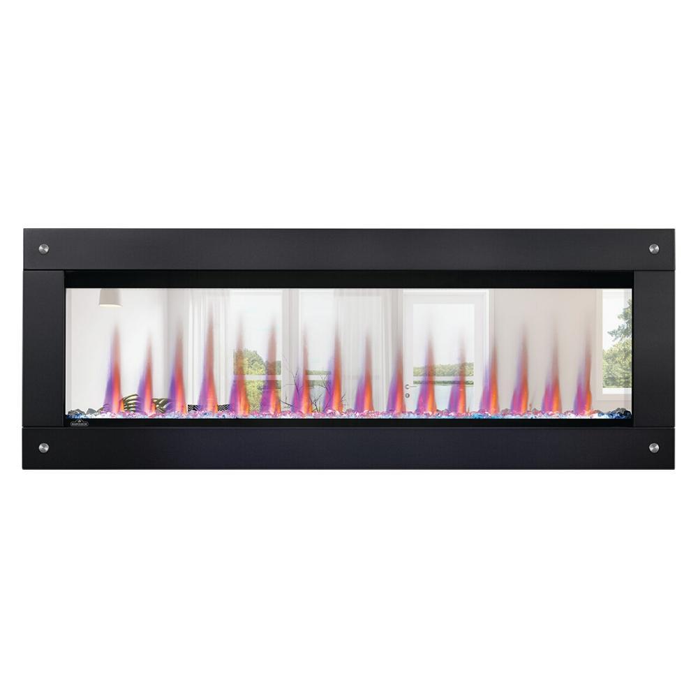 Napoleon CLEARion Elite See-Through Electric Fireplace with vibrant flames, enhancing ambiance in dual rooms.