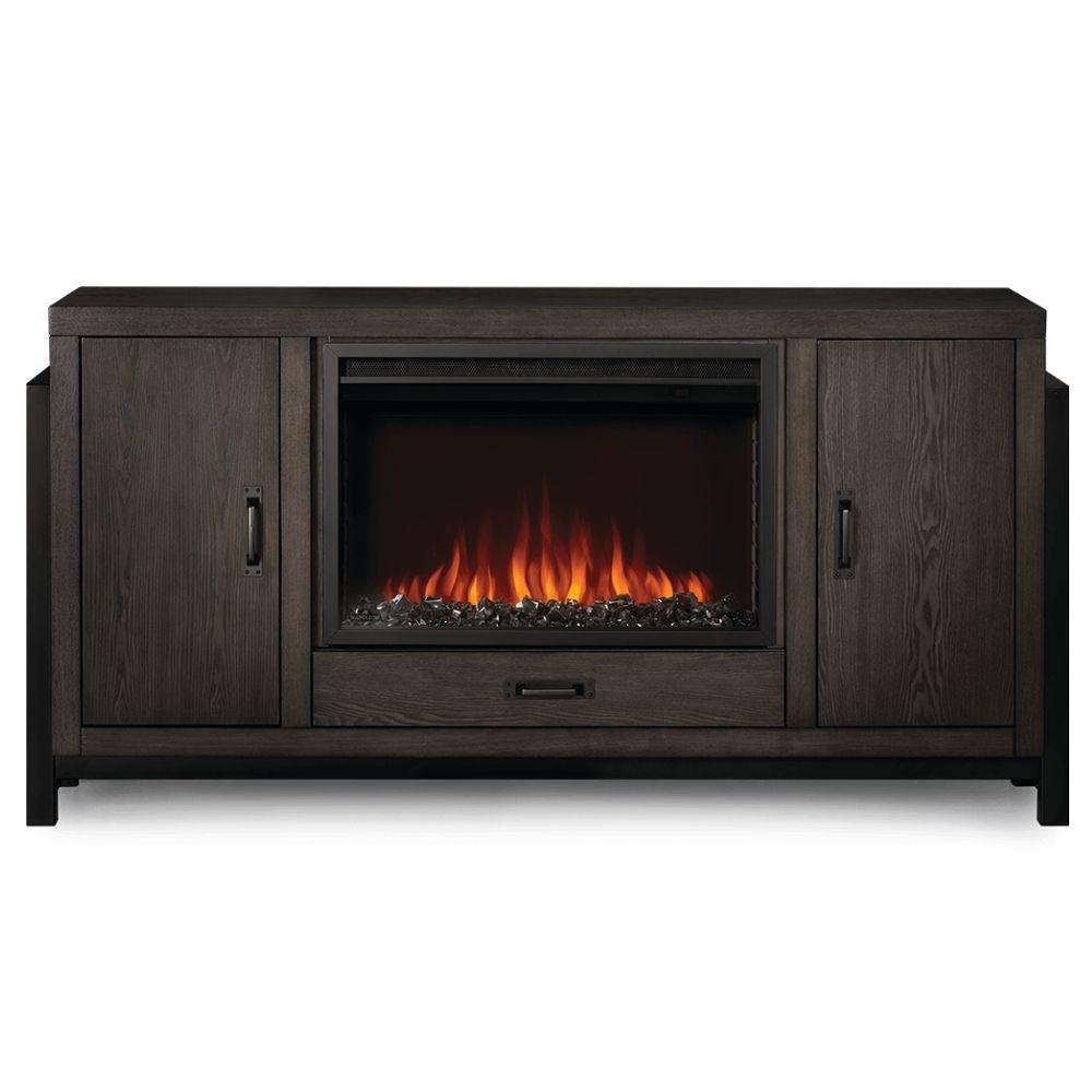 Napoleon Essential Series Franklin TV Stand with electric fireplace, designed for 75-inch TVs, in midcentury style.