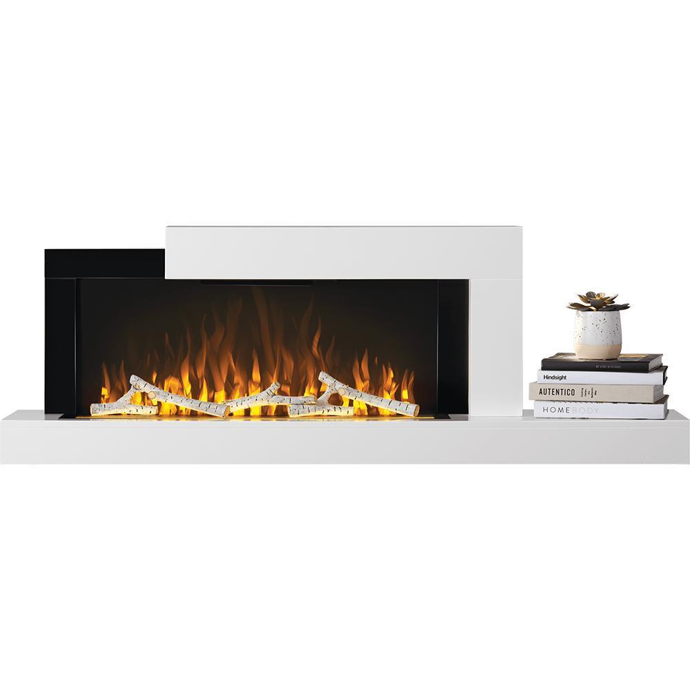 Contemporary Napoleon Stylus wall mounted electric fireplace with vibrant flames and decorative shelf.