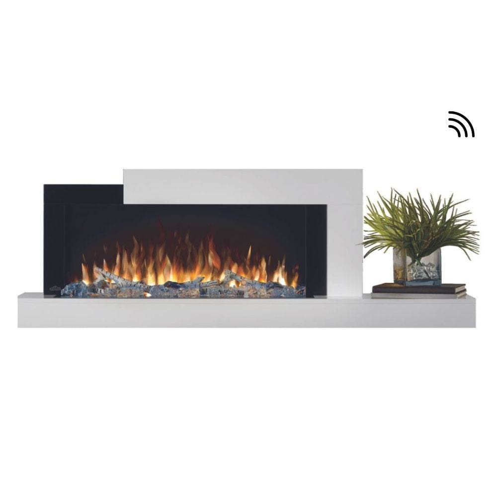 Napoleon Stylus Cara Elite 59-inch wall-mounted electric fireplace with vibrant flames and sleek design.