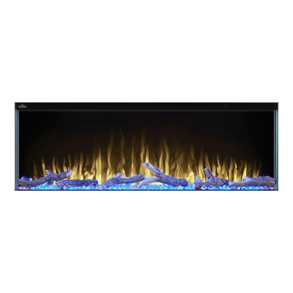Napoleon Trivista Primis 3-sided electric fireplace with multicolored flame and decorative blue crystals.