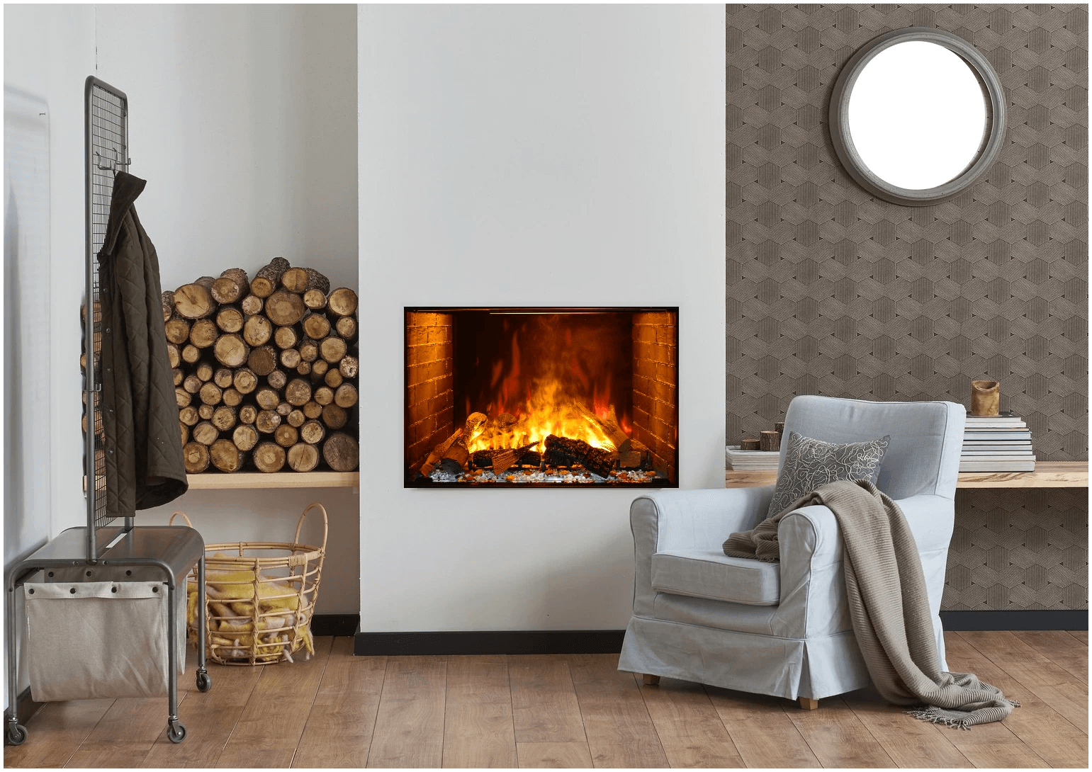 Amantii TRD Signature Series TRD-38-SIG - Living room with a fireplace, armchair, and stacked logs.