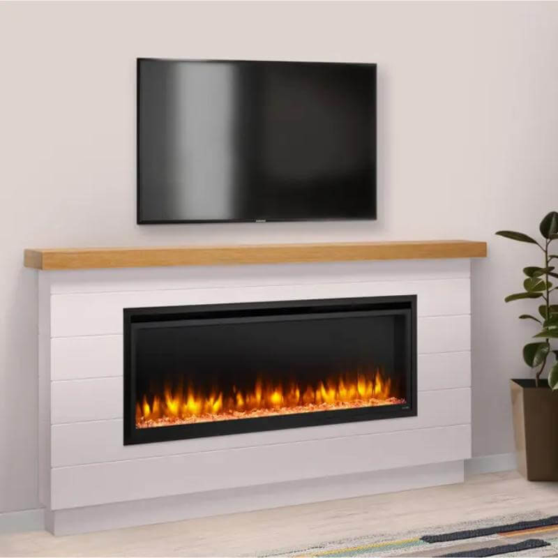 SimpliFire Allusion Platinum Recessed Electric Fireplace - A sleek modern fireplace with a flat-screen TV mounted above it.