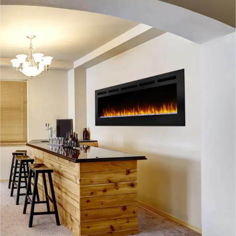 SimpliFire Allusion Wall-Mounted Electric Fireplace - A sleek modern fireplace in a stylish room featuring a contemporary bar setup.