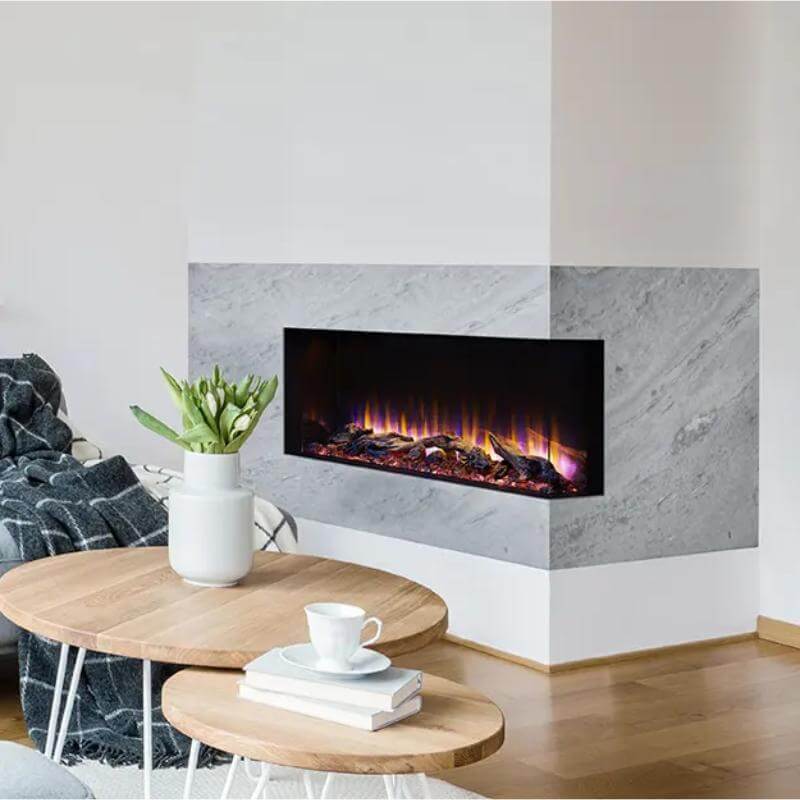 SimpliFire Scion Trinity Built-In Electric Fireplace - A stylish modern fireplace enhances a living room featuring a clean white wall backdrop.