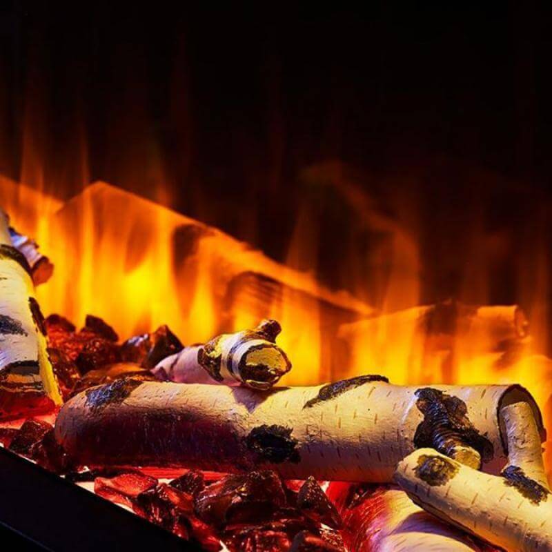 SimpliFire ShadowGlo High-Definition Log Set for SimpliFire Scion Trinity and Scion Electric Fireplace - A close-up view of a warm fire crackling in a cozy fireplace.