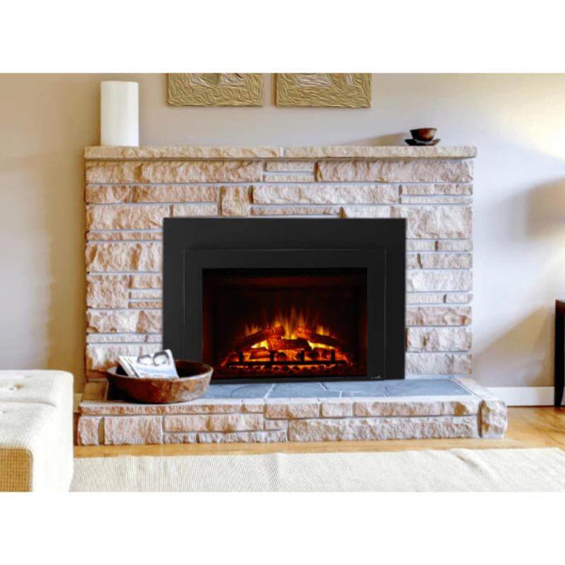 SimpliFire Surround For SimpliFire Electric Fireplace Insert - A cozy fireplace featuring a rustic stone surround in a living room.