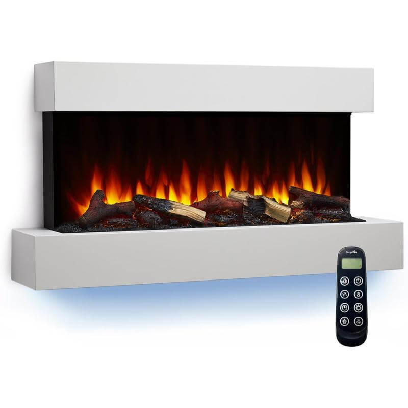 SimpliFire Floating Mantel Kit for Simplifire Format Electric Fireplace - A remote control positioned next to a fireplace in white background.