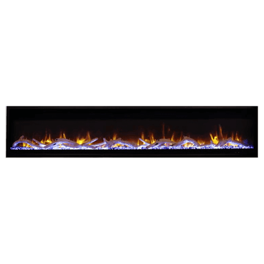 Superior Plexus wall-mounted linear electric fireplace with vibrant flames and clear crystal accents.