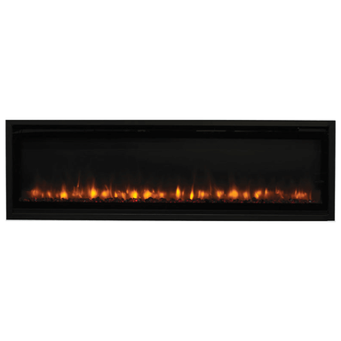 Sleek linear electric fireplace with LED flames and black frame, perfect for modern home aesthetics.