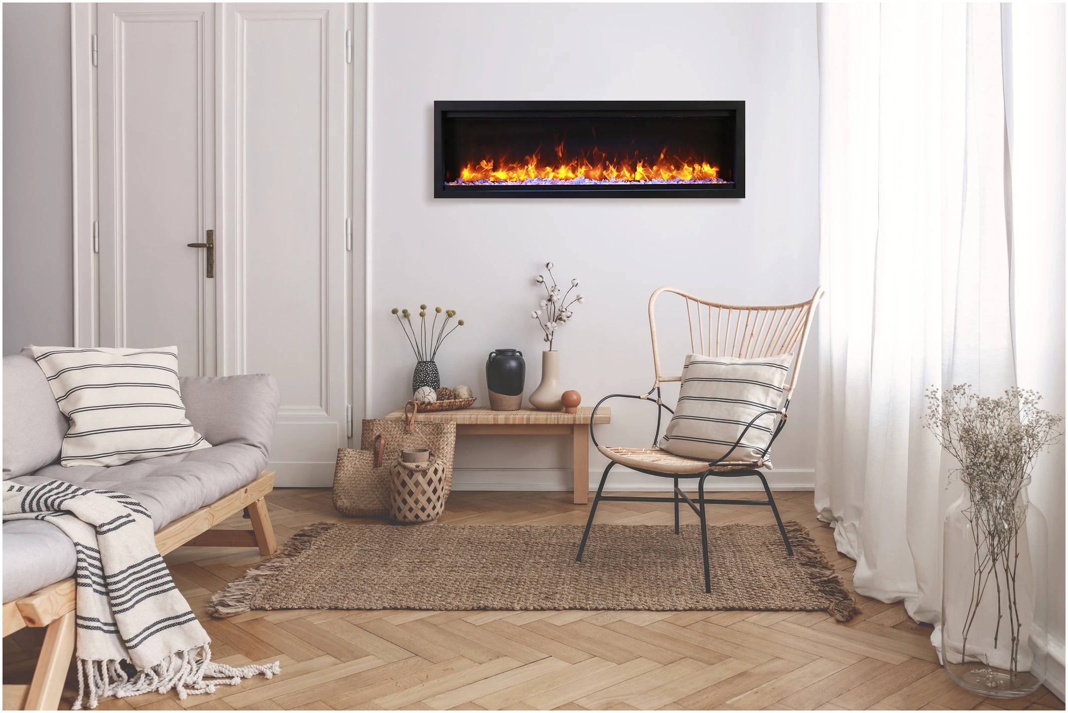 Amantii Symmetry Lumina Electric Fireplace - Modern living room with electric fireplace, sofa, and chair.