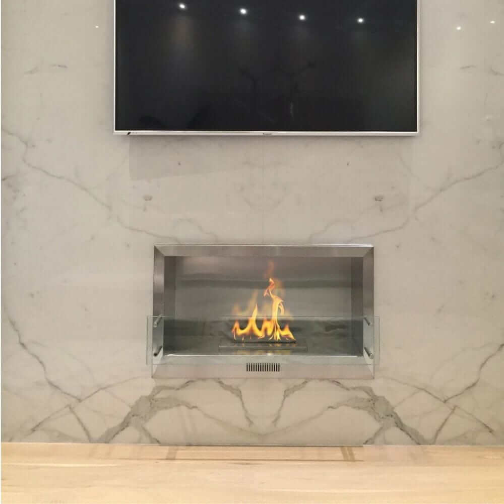 The Bio Flame 38-Inch Smart Firebox SS - Built-in Ethanol Fireplace - Contemporary fireplace design with a flat-screen TV mounted above
