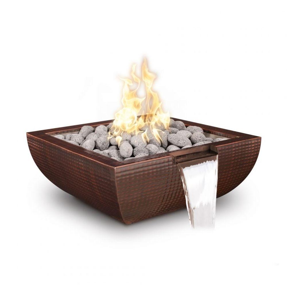 Outdoor Plus Avalon Square Hammered Copper Gas Fire and Water Bowl - Match Lit