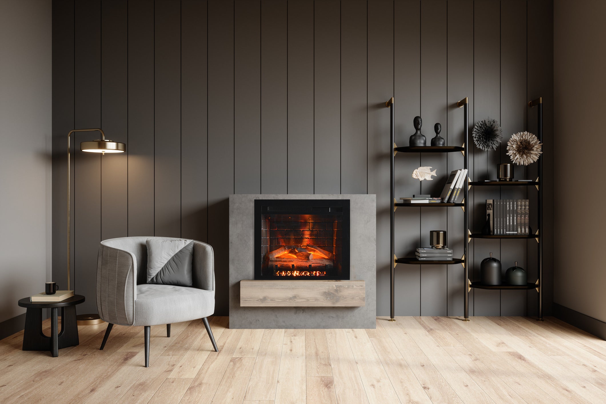 Classic Edition Electric Fireplace by Fire & Ice - Modern living room with a fireplace, armchair, and bookshelf.