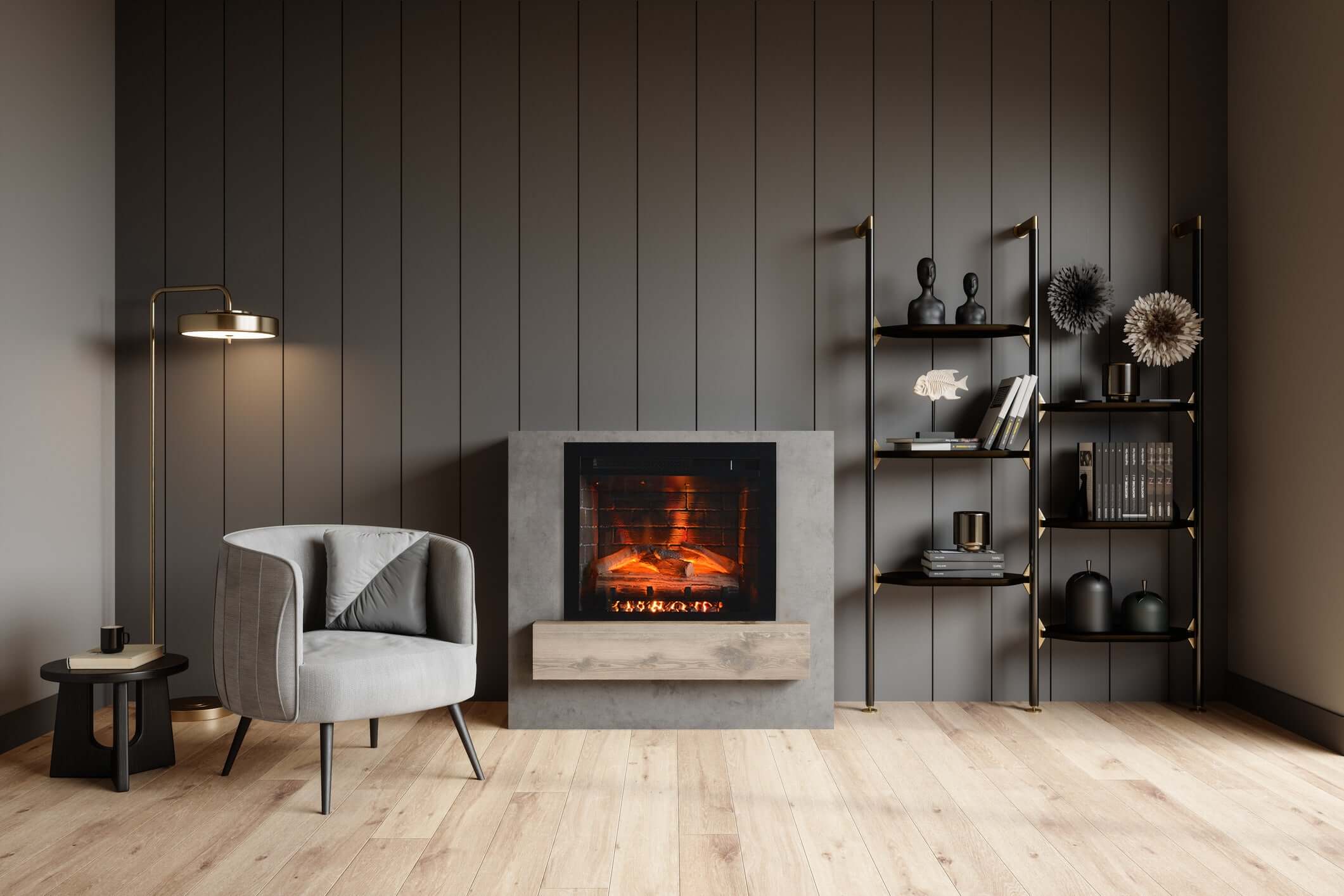 Classic Edition Electric Fireplace by Fire & Ice - Modern living room with a fireplace, armchair, and bookshelf.