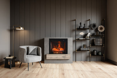 Classic Edition Electric Fireplace by Fire & Ice - Modern living room with a fireplace, armchair, and bookshelf.