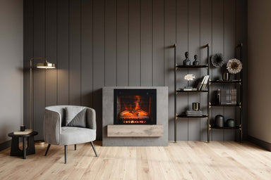 Classic Edition Electric Fireplace by Fire & Ice - Modern living room with a fireplace, armchair, and bookshelf.
