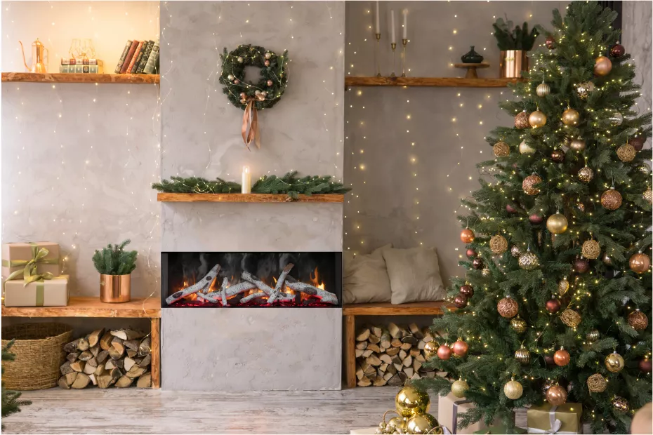 Amantii TRU-VIEW SIGNATURE Electric Fireplace - Decorated Christmas tree with lights and ornaments in a living room with a fireplace.