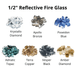 Colorful collection of 1/2" reflective fire glass including Krystallo Diamond, Apollo Bronze, and more.