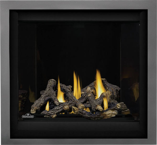 Napoleon Altitude™ X Series Direct Vent Gas Fireplace - Fireplace logs with flames inside a black frame, featuring the Napoleon logo.