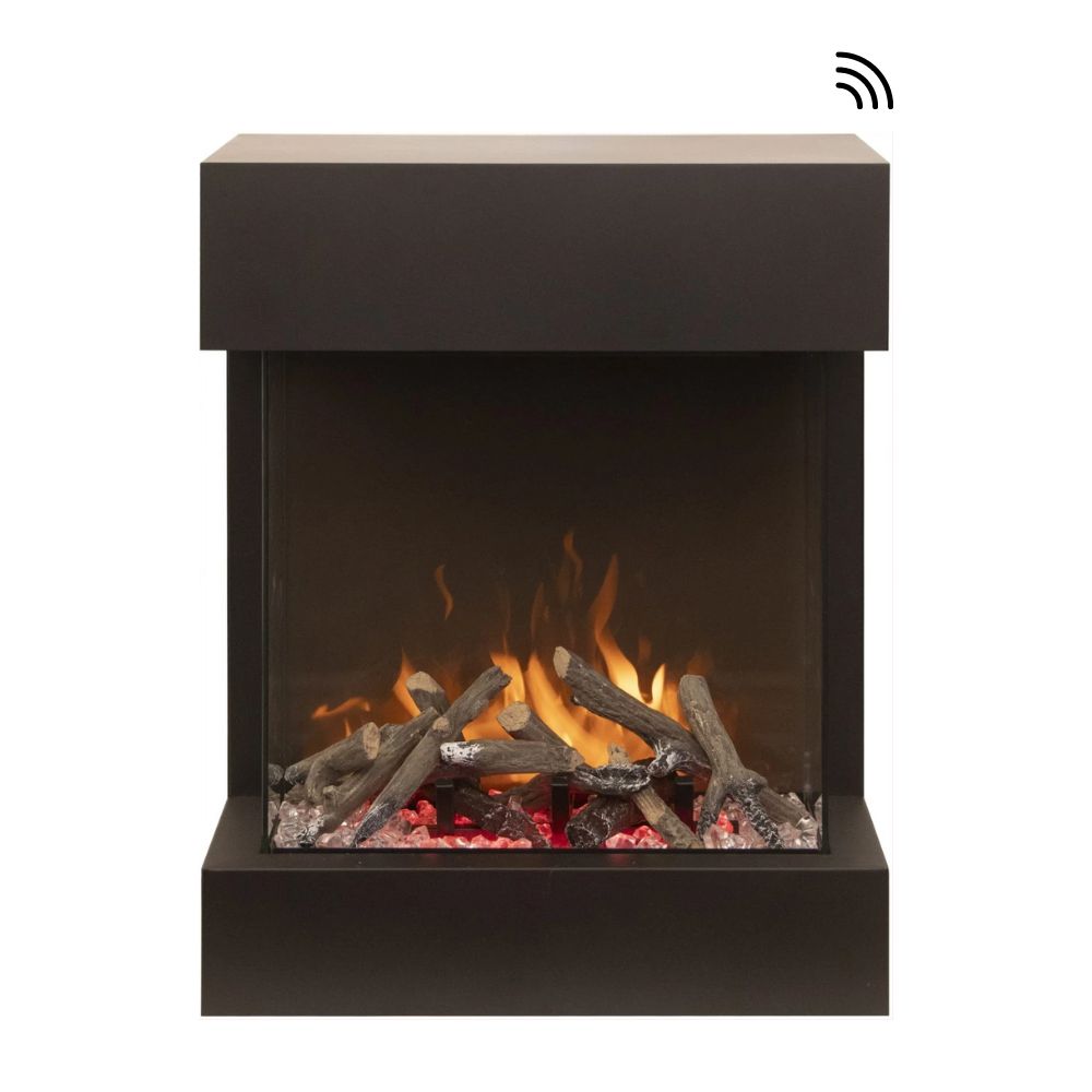 Amantii TRU-VIEW Cube LUMINA 20-Inch 3-Sided Smart Electric Fireplace (CUBE-2025WM-LUMINA) - Modern black electric fireplace in white background.